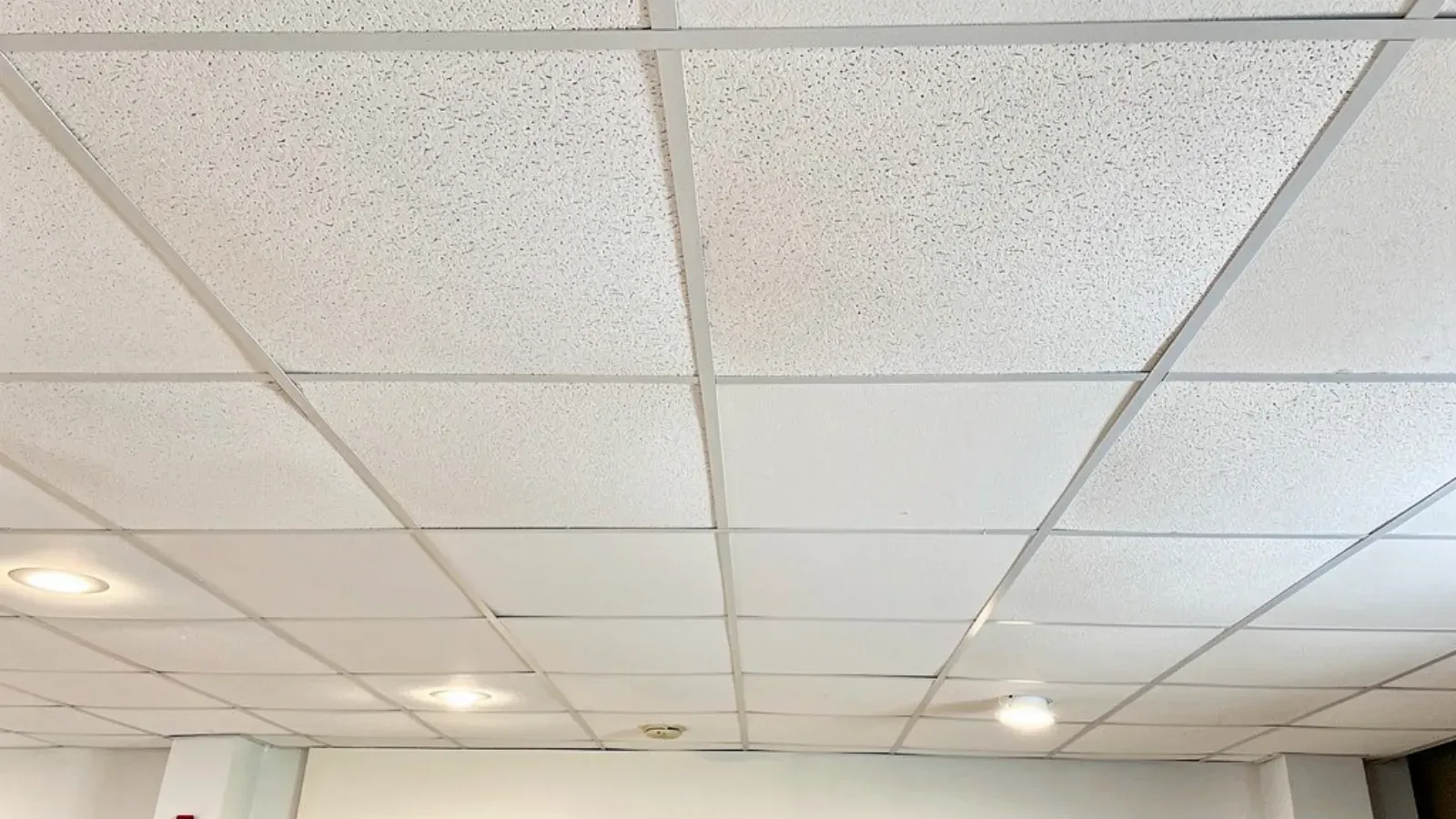 A fully tiled suspended ceiling with recessed lighting set into the grid
