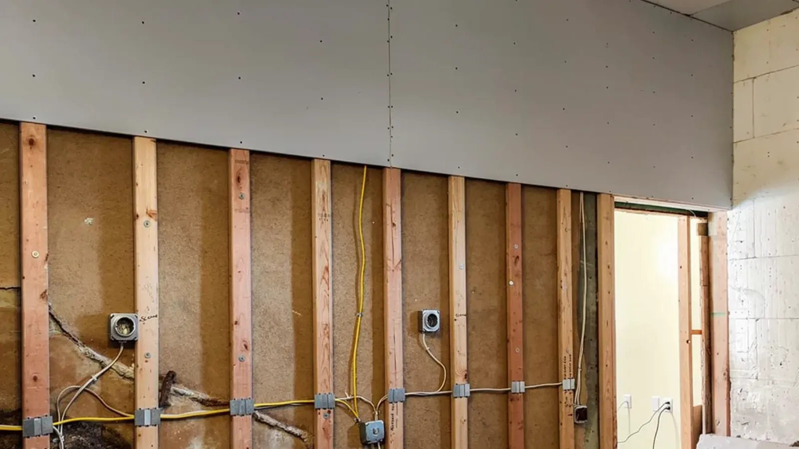 Bare gypsum drywall hung across the upper half of an interior wall, the lower stud bays still open with insulation and electrical boxes visible
