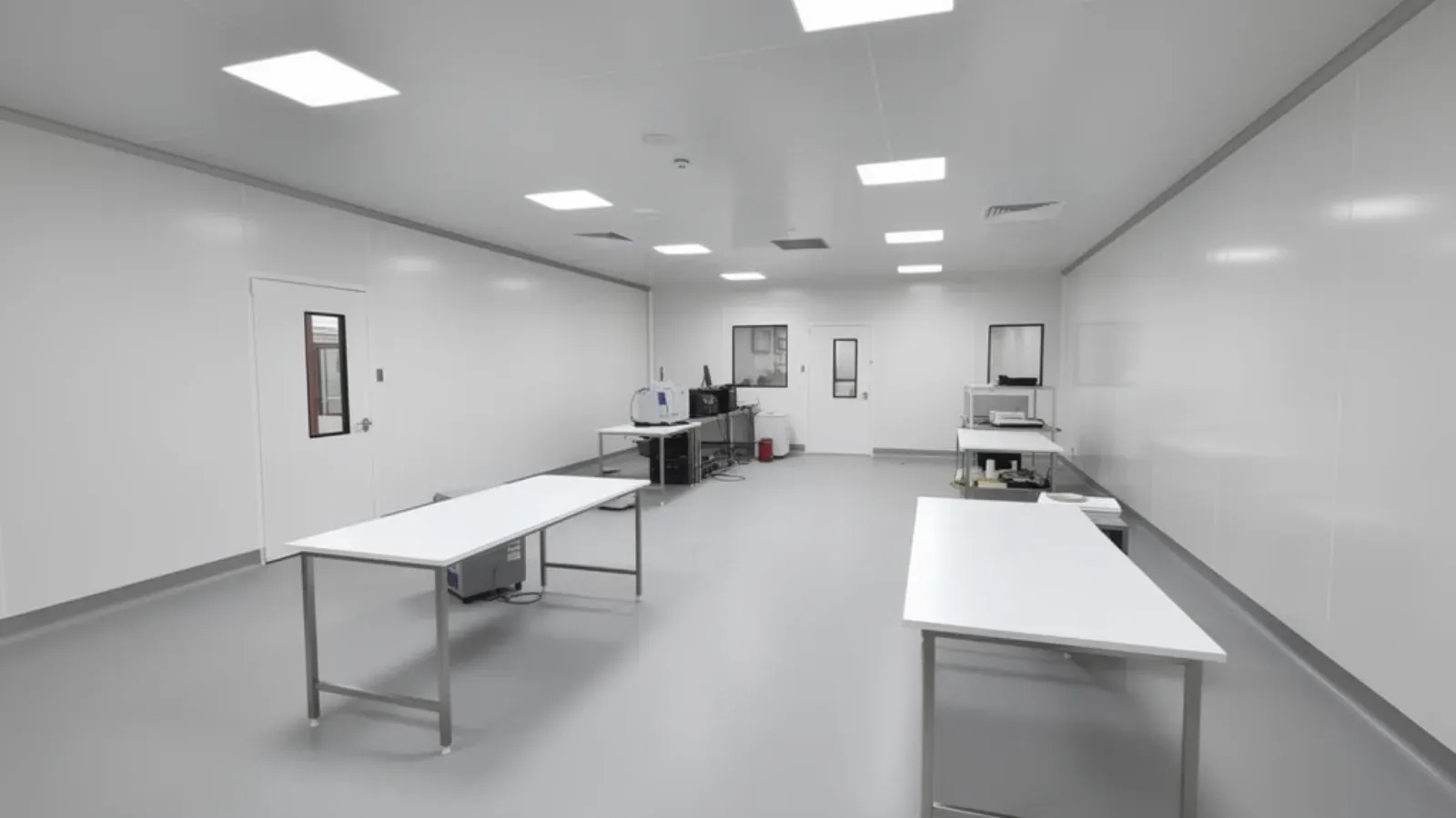 A wide, empty cleanroom lined with seamless sealed white wall panels and a coved floor junction, with stainless work tables